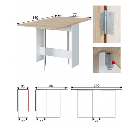 Mesa auxiliar de cocina alas abatible FLY de 31 a 140 x 77 cm blanco y  roble