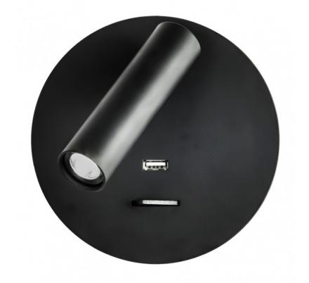 Aplique 3w 4000k Giotto Redondo Negro Puerto Usb  150lm C/interruptor 14x14x12cm Orientb