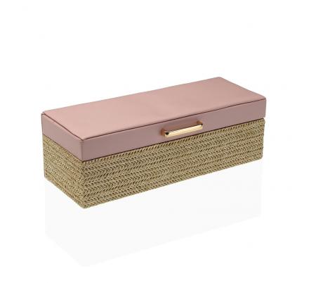 JOYERO RECTANGULAR DE RAFIA TAPA ROSA