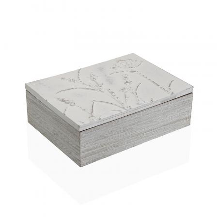 CAJA DE TE BLANCA CON DETALLE DE FLORES TALLADAS