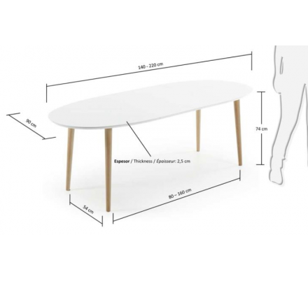 MESA COMEDOR OVALADA OAKLAND EXTENSIBLE 140 Ext. 90X220 BLANCO MATE