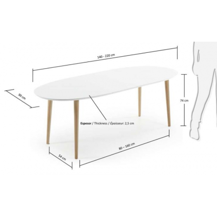 MESA COMEDOR OVALADA OAKLAND EXTENSIBLE 140 Ext. 90X220 BLANCO MATE