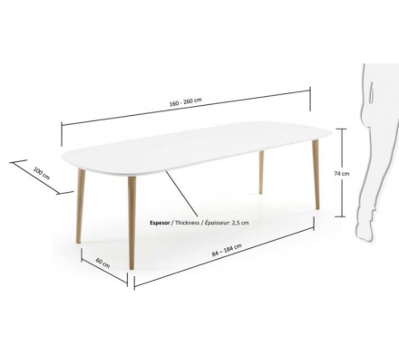 MESA COMEDOR OVALADA OAKLAND EXTENSIBLE 160 Ext. 100X260 BLANCO MATE