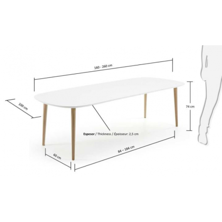 MESA COMEDOR OVALADA OAKLAND EXTENSIBLE 160 Ext. 100X260 BLANCO MATE